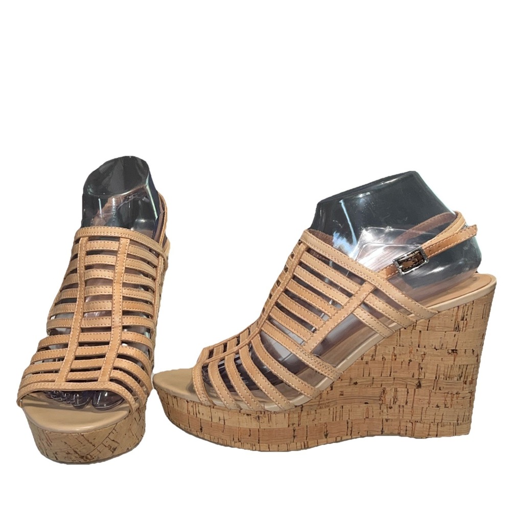 Franco Sarto Sombre Leather Wedge Sandals Cork Heel Platform Slingback Size 7.5‎